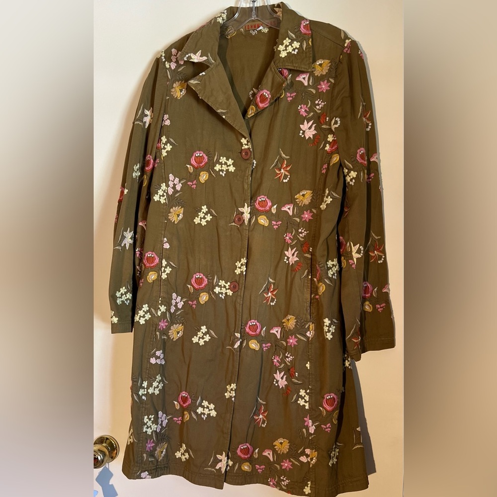 Johnny Was khaki embroidered trench coat